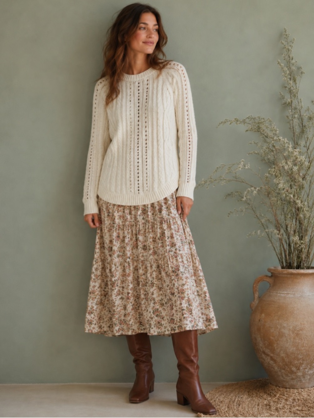 Tristan NEW Alpaca Wool Blend Cable Knit Open-Stitch Crewneck Sweater S/M